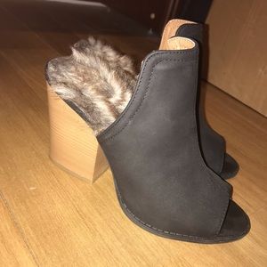 Furry bootie block heels- open back